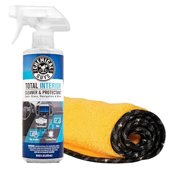 Chemical Guys Total Interior Cleaner & Protectant 16 oz with Professional Grade Microfiber Towel - Car Interior Cleaning Kit for Dash, Seats, Carpet, Glass, Vinyl, Leather, and Plastic by Chemical Guys - Used - Like New condition