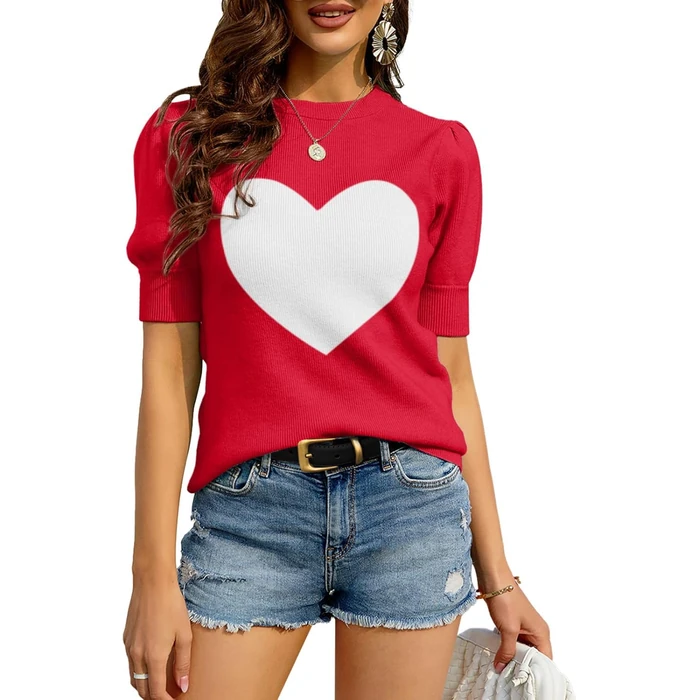 Zbyclub Womens Heart Sweater Puff Short Sleeve Valentines Sweater Crew Neck Lightweight Knit Sweater Shirt Tops Z-red by Zbyclub - Used - Like New condition