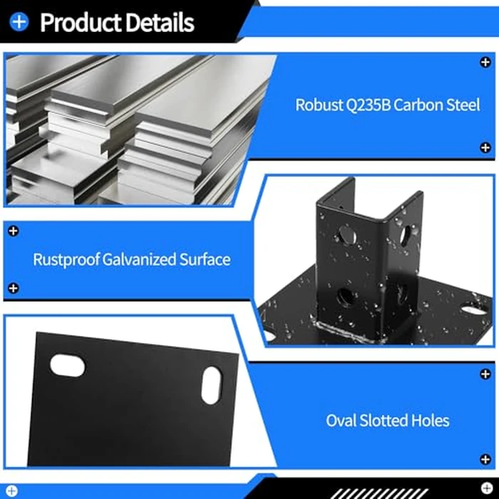 yeesport 6 PCS Strut Post Bases, 4 Slotted Holes U Post Base for 1-5/8 in Square Single Channel, 5.7 x 5.7 in Large Panel Anti-Tilt Ground Bracket, Heavy Duty Galvanized Carbon Steel Floor Post Base by yeesport - Image 4