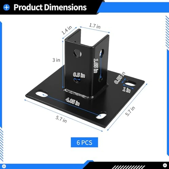 yeesport 6 PCS Strut Post Bases, 4 Slotted Holes U Post Base for 1-5/8 in Square Single Channel, 5.7 x 5.7 in Large Panel Anti-Tilt Ground Bracket, Heavy Duty Galvanized Carbon Steel Floor Post Base by yeesport - Image 5