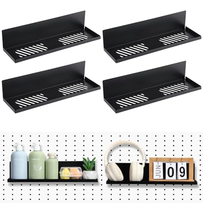 Therwen 4 Pack Magnetic Pegboard Shelves Wall Organizer Metal Pegboard Shelf Steel Tray Accessories Organizing Tools for Craft Home Kitchen(16 x 4.7 x 3.5 Inches,Black) by Therwen - Image 1