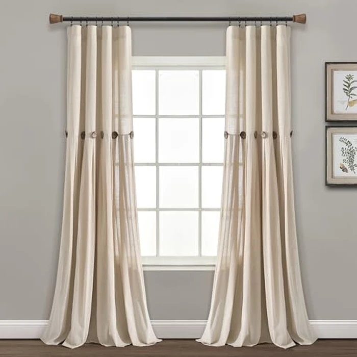 Lush Decor Linen Button Window Curtain Panel, Single, 40" W x 84" L, Dark Linen - Country Curtains - Rustic Decor - Color Block Modern Farmhouse Curtains for Living Room, Bedroom & Dining Room by Lush Decor - Used - Good condition - CA$59.39
