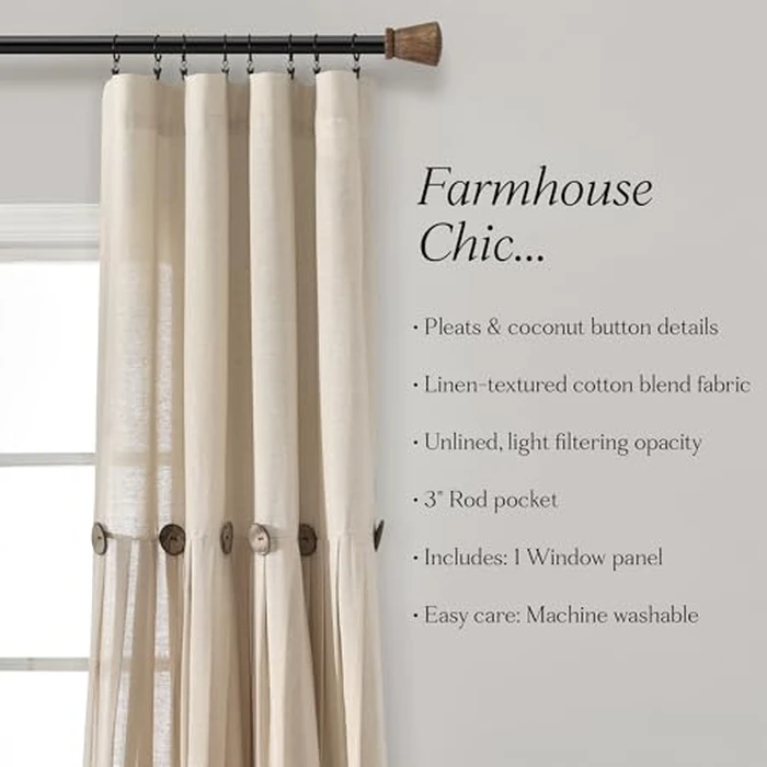 Lush Decor Linen Button Window Curtain Panel, Single, 40" W x 84" L, Dark Linen - Country Curtains - Rustic Decor - Color Block Modern Farmhouse Curtains for Living Room, Bedroom & Dining Room by Lush Decor - Image 6