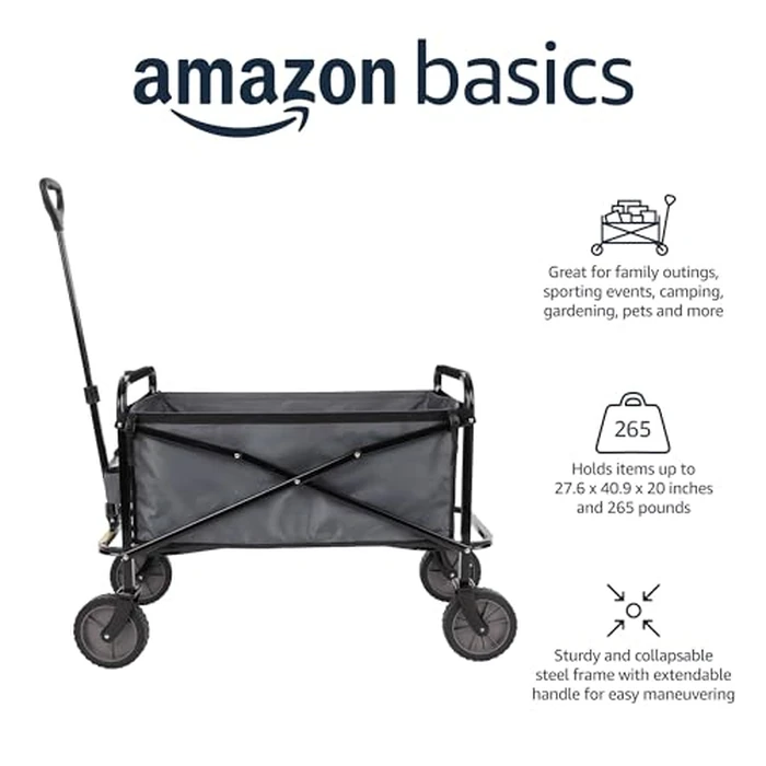 Amazon Basics Collapsible Heavy Duty Utility Wagon for Outdoor Sports, Camping, Garden, and Shopping, 265 Pounds Capacity, 27.6 x 40.9 x 20 inches, Gray by Amazon Basics - Used - Very Good condition