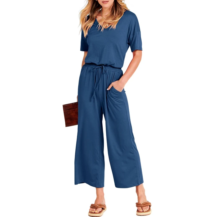 ANRABESS Women Summer Casual Short Sleeve V Neck Elastic Waist Wide Leg Cropped Pants Jumpsuits Rompers with Pockets Blue XX-Large by ANRABESS - Used - Like New condition - US$34.19