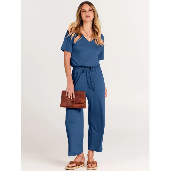 ANRABESS Women Summer Casual Short Sleeve V Neck Elastic Waist Wide Leg Cropped Pants Jumpsuits Rompers with Pockets Blue XX-Large by ANRABESS - Image 2