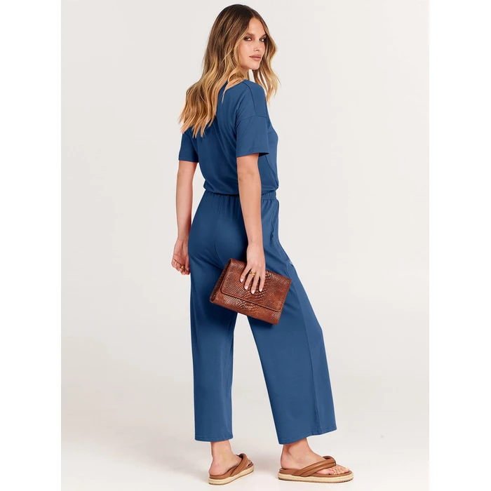 ANRABESS Women Summer Casual Short Sleeve V Neck Elastic Waist Wide Leg Cropped Pants Jumpsuits Rompers with Pockets Blue XX-Large by ANRABESS - Image 5