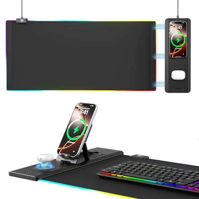 KDD RGB Mouse Pad with Wireless Charging - Desk Mat with Phone Holder and 15W Fast Charger - Gaming Mousepad with Ultra-Smooth Surface, Non-Slip Base - Keyboard Mat for Home Office Gamer Accessories by KDD - Used - Acceptable condition - CA$36.58