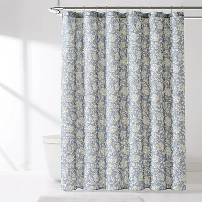 Lush Decor Zara Floral Block Linen Textured Shower Curtain Single 72" W x 72" L Blue - Floral Bath Curtain - Vintage Decor by Lush Decor - Image 1