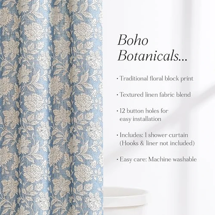 Lush Decor Zara Floral Block Linen Textured Shower Curtain Single 72" W x 72" L Blue - Floral Bath Curtain - Vintage Decor by Lush Decor - Image 2