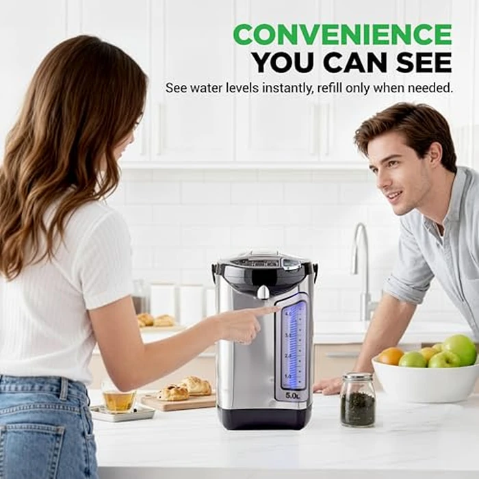 Electric Water Boiler and Warmer - 5L/5.28 Qt Stainless Steel Hot Water Dispenser w/Rotating Base, Keep Warm Temperature Set, Auto Shut Off, Safety Lock, Instant Heating for Coffee & Tea by Nutrichef - Image 4