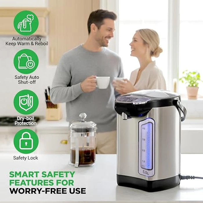 Electric Water Boiler and Warmer - 5L/5.28 Qt Stainless Steel Hot Water Dispenser w/Rotating Base, Keep Warm Temperature Set, Auto Shut Off, Safety Lock, Instant Heating for Coffee & Tea by Nutrichef - Image 5
