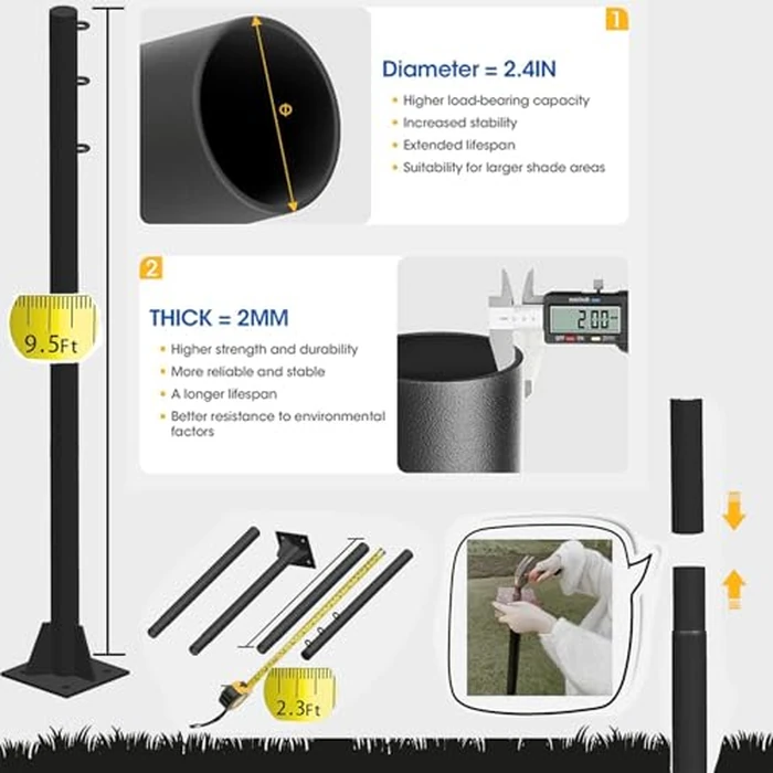 2Pack Sun Shade Sail Pole 9.3Ft Outdoor Sunshade Sail Post Support Awning Canopy Heavy Duty Metal Pole Kit for Patio Garden Deck (Cement Floor, 2) by dxbsuksb - Image 3