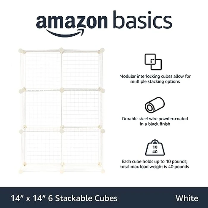 Amazon Basics 6 Cube Wire Grid Storage Organizer, Stackable Storage Cubes, Modular Closet Organizer Shelves, 14.6" D x 30.3" W x 44.8" H, White by Amazon Basics - Image 1