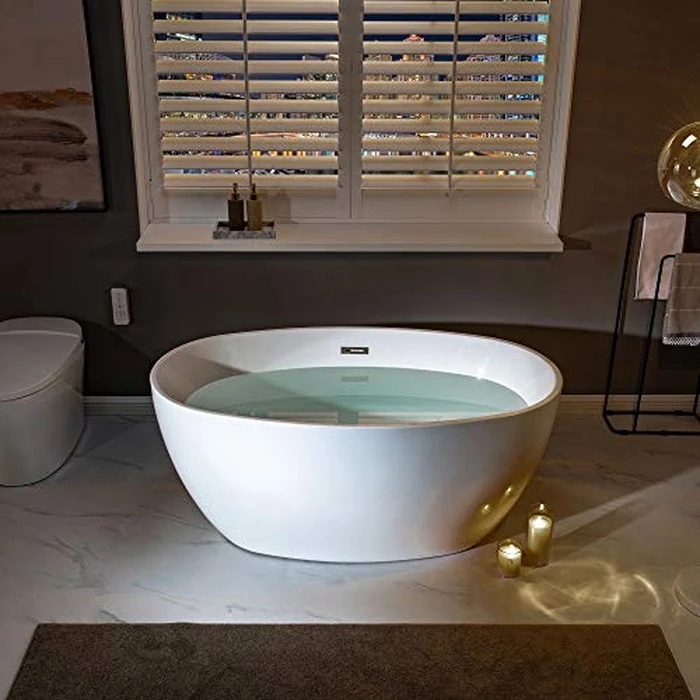 WOODBRIDGE 55" Acrylic Freestanding Bathtub Contemporary Soaking White Tub with Brushed Nickel Overflow and Drain,BTA1418 -B/N-Drain &O by WOODBRIDGE - Image 2
