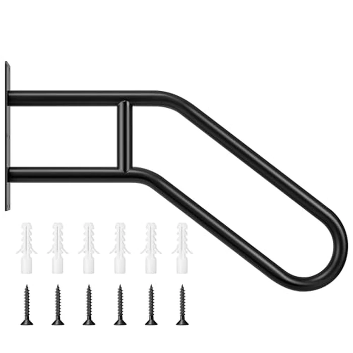 VIVOSUN Outdoor Handrail, 3 Step Stair Handrail, 28" x 19" Fits 1 to 3 Steps, U-Shaped Wrought Iron Stair Railing, Wall-Mounted Safety Rail for Concrete Step, Porch Steps, One-Step Assembly, Black by VIVOSUN - Used - Like New condition - US$36.62