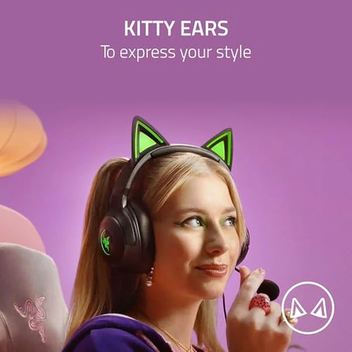 Razer Kraken Kitty V2 USB Wired RGB Headset: Chroma Kitty Ears - Stream Reactive Lighting - HyperClear Cardioid Mic - Triforce 40 mm Drivers - 7.1 Surround Sound - Classic Black by Razer - Image 2