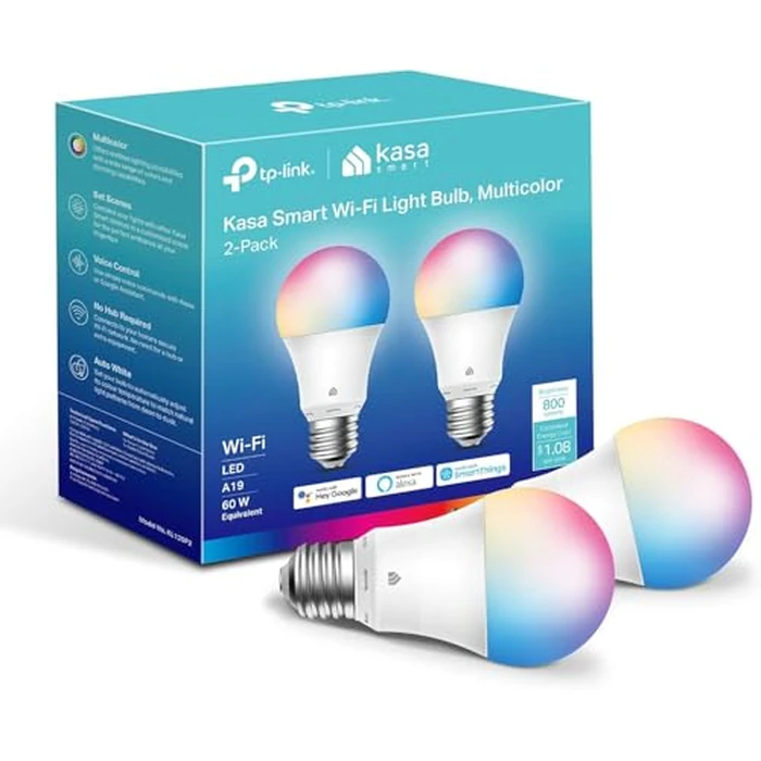 Kasa Smart Light Bulbs, Full Color Changing Dimmable Smart WiFi Bulbs Compatible with Alexa and Google Home, A19, 60 W 800 Lumens,2.4Ghz only, No Hub Required, 2-Pack (KL125P2), Multicolor by Kasa Smart - Used - Good condition - US$11.36