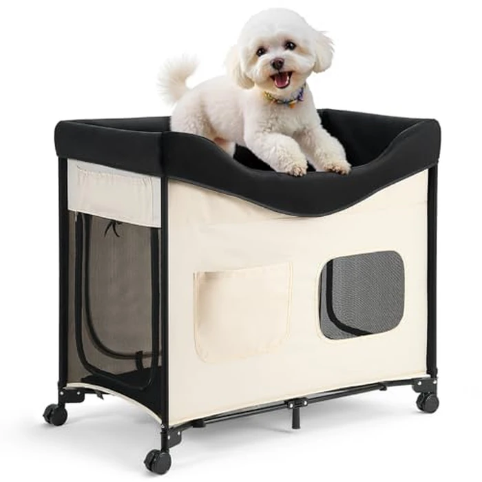 VEVOR Elevated Lounge Pet Bed, Foldable Bunk Dog Bed with 600D Oxford Cloth and Dutch Velvet, Portable Raised Cot with Wheels, Side Storage Bags, and Carry Bag for Cats & Dogs, L, Beige by VEVOR - Used - Good condition - CA$108.93