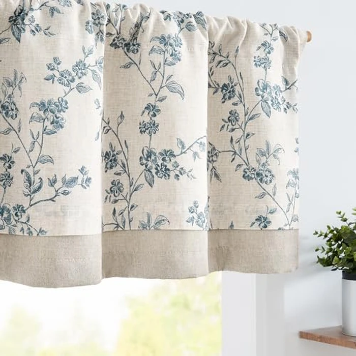 jinchan Linen Kitchen Valance for Windows 16 Inch Floral Double Layer Valance Living Room Laundry Room Darkening Rustic Cottagecore Farmhouse Flower Window Treatment 1 Panel Blue on Linen by jinchan - Image 1