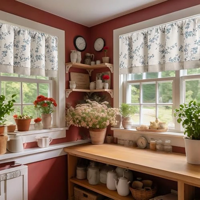 jinchan Linen Kitchen Valance for Windows 16 Inch Floral Double Layer Valance Living Room Laundry Room Darkening Rustic Cottagecore Farmhouse Flower Window Treatment 1 Panel Blue on Linen by jinchan - Image 2