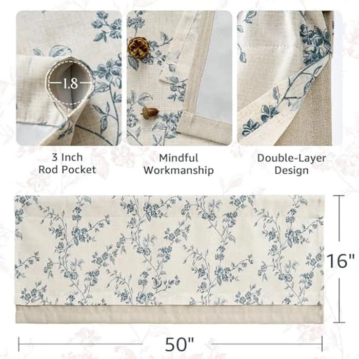jinchan Linen Kitchen Valance for Windows 16 Inch Floral Double Layer Valance Living Room Laundry Room Darkening Rustic Cottagecore Farmhouse Flower Window Treatment 1 Panel Blue on Linen by jinchan - Image 5