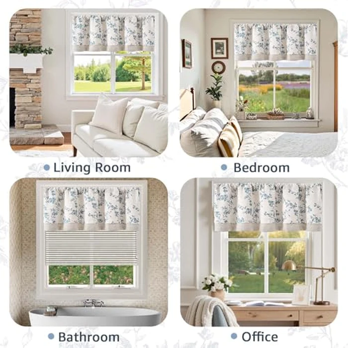 jinchan Linen Kitchen Valance for Windows 16 Inch Floral Double Layer Valance Living Room Laundry Room Darkening Rustic Cottagecore Farmhouse Flower Window Treatment 1 Panel Blue on Linen by jinchan - Image 6