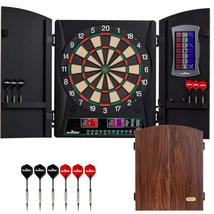 Arachnid CricketMaxx 1.0: 13.5” recreation size with wood cabinet. Features 34 games, 183 variations, 8-player LED X/O scoring, and Heckler mode. Integrated storage for darts and accessories by Arachnid - Used - Like New condition