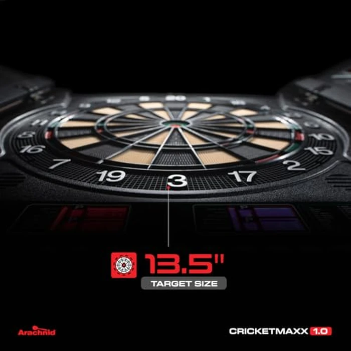 Arachnid CricketMaxx 1.0: 13.5” recreation size with wood cabinet. Features 34 games, 183 variations, 8-player LED X/O scoring, and Heckler mode. Integrated storage for darts and accessories by Arachnid - Image 3