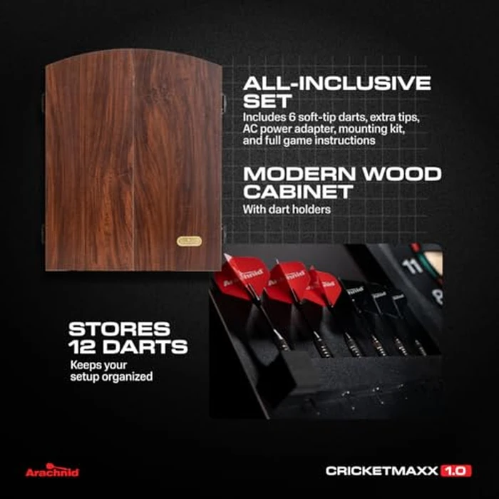 Arachnid CricketMaxx 1.0: 13.5” recreation size with wood cabinet. Features 34 games, 183 variations, 8-player LED X/O scoring, and Heckler mode. Integrated storage for darts and accessories by Arachnid - Image 6