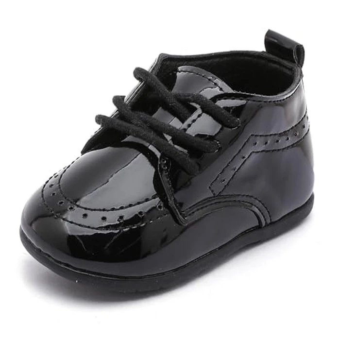 Greceen Baby Boys Girls Classic PU Leather Adjustable Lace-up Loafers Oxford Style Dress Shoes for Crawling Babies Toddlers, Wedding Formal First Steps Walking Flat Crib Shoes Mirror Black Size 1 by Greceen - Image 1