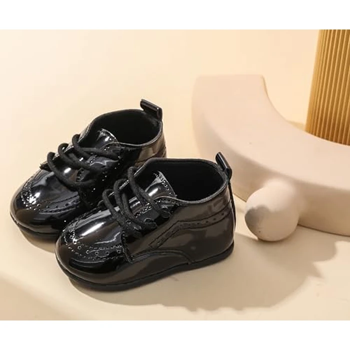 Greceen Baby Boys Girls Classic PU Leather Adjustable Lace-up Loafers Oxford Style Dress Shoes for Crawling Babies Toddlers, Wedding Formal First Steps Walking Flat Crib Shoes Mirror Black Size 1 by Greceen - Image 2