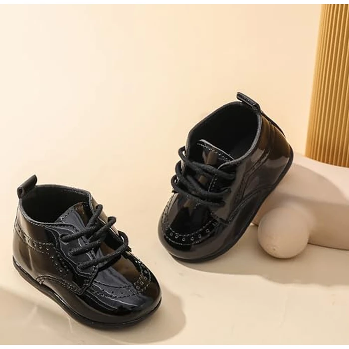 Greceen Baby Boys Girls Classic PU Leather Adjustable Lace-up Loafers Oxford Style Dress Shoes for Crawling Babies Toddlers, Wedding Formal First Steps Walking Flat Crib Shoes Mirror Black Size 1 by Greceen - Image 3