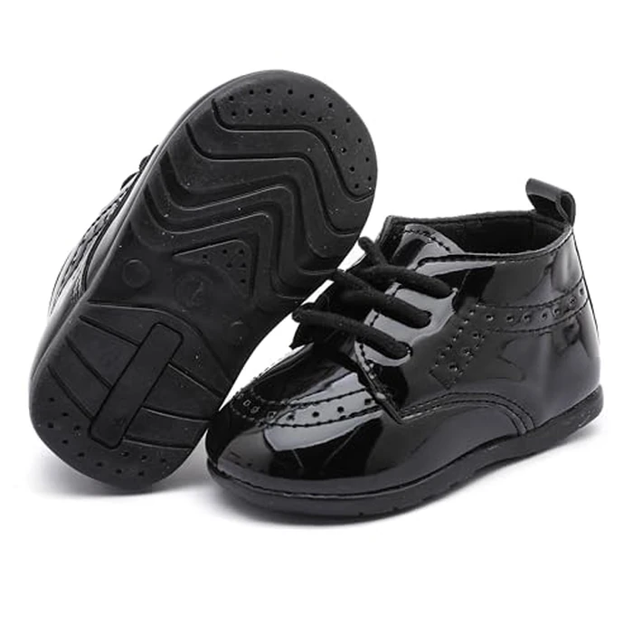 Greceen Baby Boys Girls Classic PU Leather Adjustable Lace-up Loafers Oxford Style Dress Shoes for Crawling Babies Toddlers, Wedding Formal First Steps Walking Flat Crib Shoes Mirror Black Size 1 by Greceen - Image 4