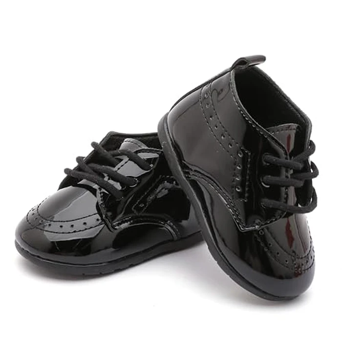 Greceen Baby Boys Girls Classic PU Leather Adjustable Lace-up Loafers Oxford Style Dress Shoes for Crawling Babies Toddlers, Wedding Formal First Steps Walking Flat Crib Shoes Mirror Black Size 1 by Greceen - Image 5