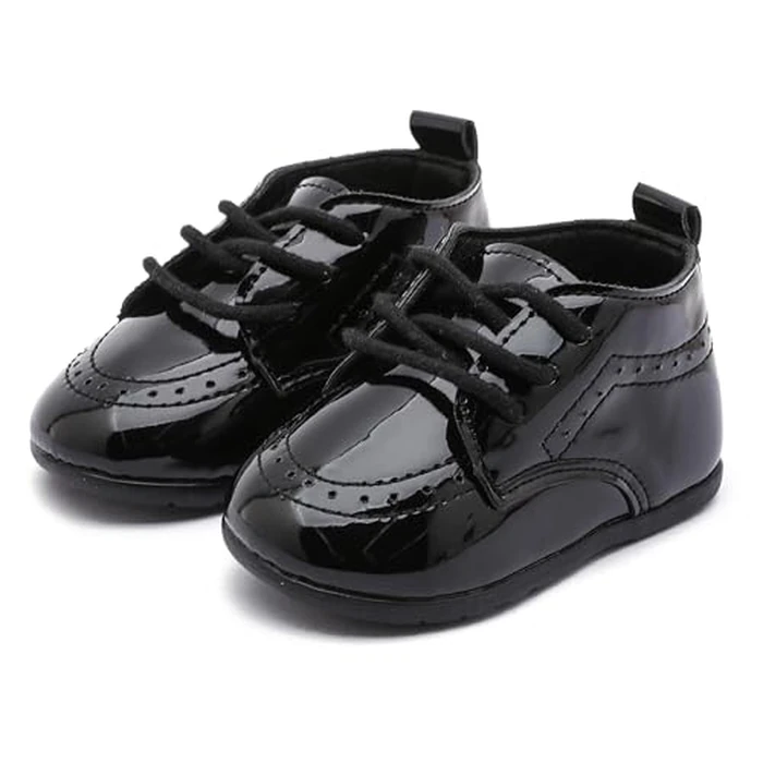 Greceen Baby Boys Girls Classic PU Leather Adjustable Lace-up Loafers Oxford Style Dress Shoes for Crawling Babies Toddlers, Wedding Formal First Steps Walking Flat Crib Shoes Mirror Black Size 1 by Greceen - Image 6