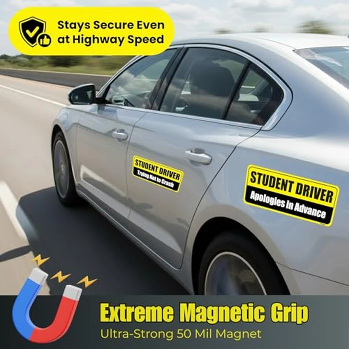 Lusinus Student Driver Magnet for Car - 2-Pack Reflective Funny Magnetic Bumper Sticker Set - Removable Novice Driver Safety Attention Sign - Weather-Resistant (Yellow-Black) by Lusinus - Image 3