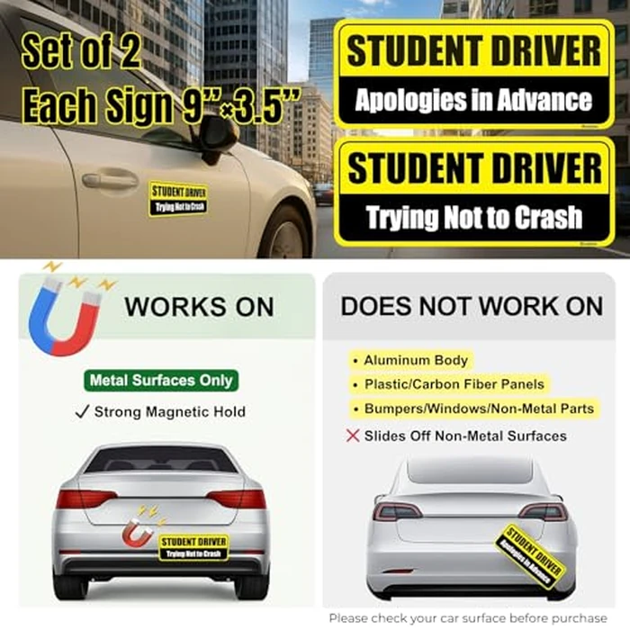 Lusinus Student Driver Magnet for Car - 2-Pack Reflective Funny Magnetic Bumper Sticker Set - Removable Novice Driver Safety Attention Sign - Weather-Resistant (Yellow-Black) by Lusinus - Image 6