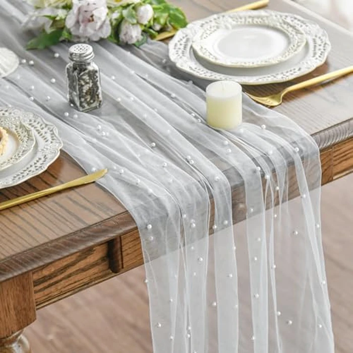 Artoid Mode 3PCS Pearl Gauze Table Runner 120 Inch 10FT, Seasonal Sheer Dining Holiday Wedding Birthday Baby Shower Table Decor for Home Party by Artoid Mode - Used - Like New condition