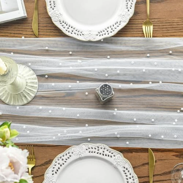 Artoid Mode 3PCS Pearl Gauze Table Runner 120 Inch 10FT, Seasonal Sheer Dining Holiday Wedding Birthday Baby Shower Table Decor for Home Party by Artoid Mode - Image 2