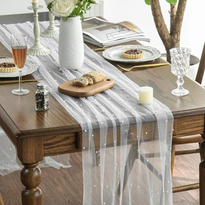 Artoid Mode 3PCS Pearl Gauze Table Runner 120 Inch 10FT, Seasonal Sheer Dining Holiday Wedding Birthday Baby Shower Table Decor for Home Party by Artoid Mode - Image 3