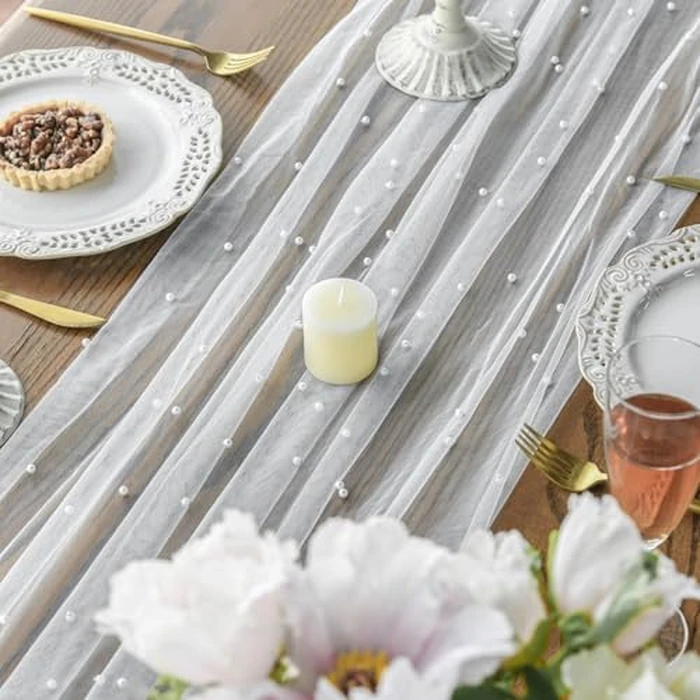 Artoid Mode 3PCS Pearl Gauze Table Runner 120 Inch 10FT, Seasonal Sheer Dining Holiday Wedding Birthday Baby Shower Table Decor for Home Party by Artoid Mode - Image 6