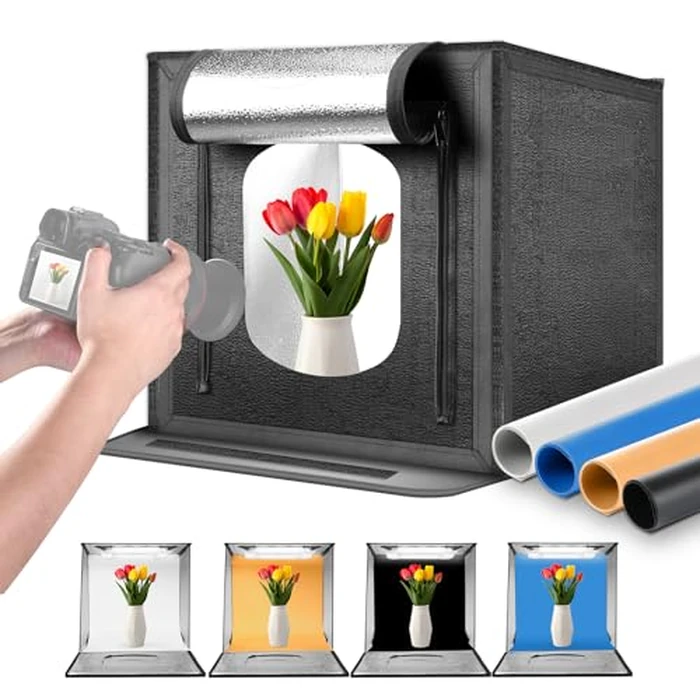 NEEWER Upgraded Photo Studio Light Box, 24"x24" Portable Mini Folding Product Photography Lightbox, 160LEDs 4 Backdrops Dimmable Glare Free Picture Booth Shooting Tent for Jewelry Electronics, LP60 by NEEWER - Used - Very Good condition - CA$108.25