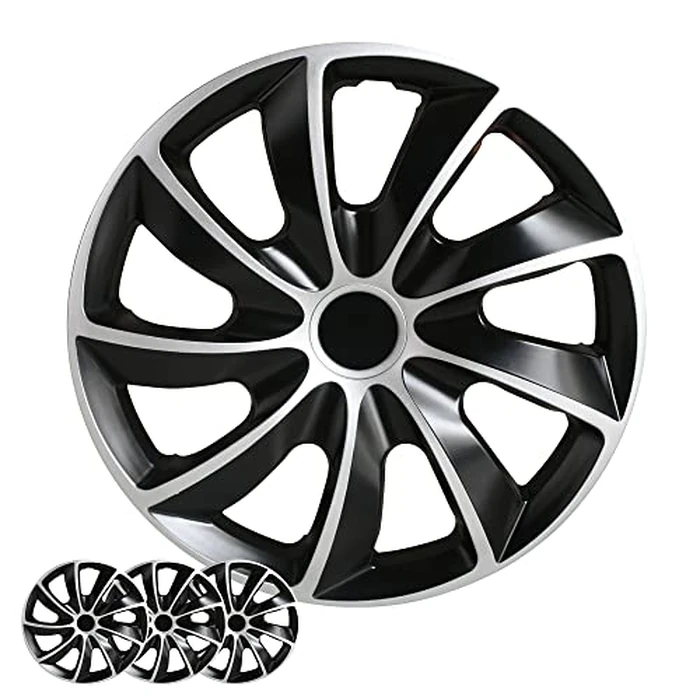 Wheel Cover Kit, 16 Inch Hubcaps Set of 4 Automotive Hub Caps with Universal Snap-On Retention Rings, 2-Tone ABS Plastic Black and Silver Rim Covers for All Makes, Models (SG-5084-DP-16) by Shirry Group - Used - Acceptable condition - CA$44.64