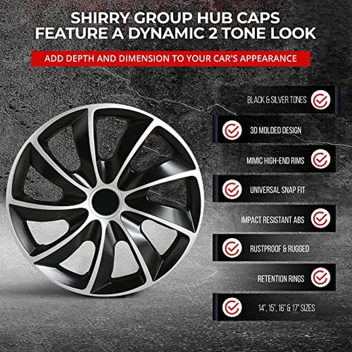 Wheel Cover Kit, 16 Inch Hubcaps Set of 4 Automotive Hub Caps with Universal Snap-On Retention Rings, 2-Tone ABS Plastic Black and Silver Rim Covers for All Makes, Models (SG-5084-DP-16) by Shirry Group - Image 3