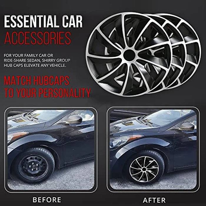 Wheel Cover Kit, 16 Inch Hubcaps Set of 4 Automotive Hub Caps with Universal Snap-On Retention Rings, 2-Tone ABS Plastic Black and Silver Rim Covers for All Makes, Models (SG-5084-DP-16) by Shirry Group - Image 6