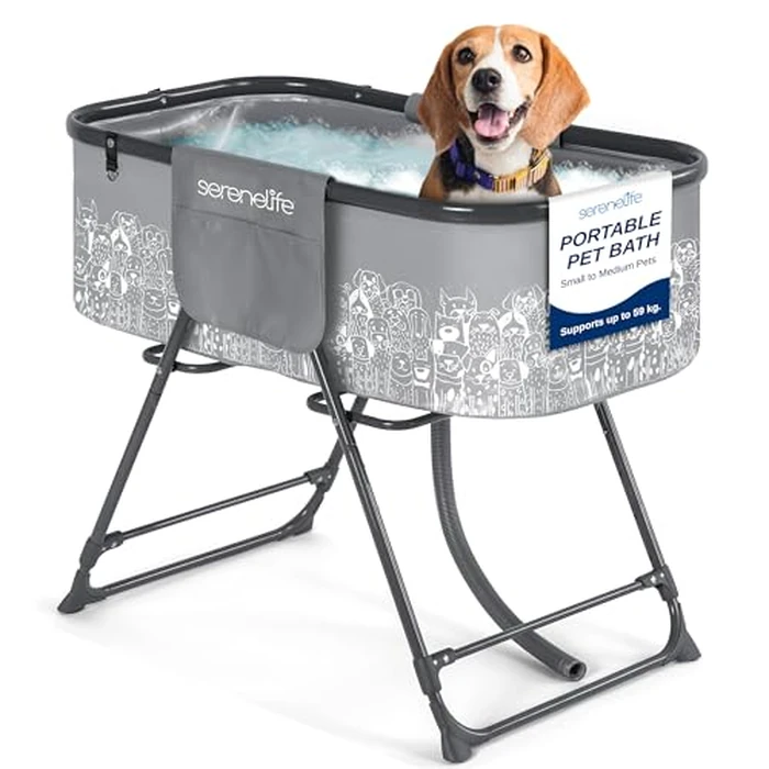 SereneLife Dog Bath Tub-Portable Dog Washing and Grooming Station, Lightweight with Foldable Nonslip Legs & Built-in Drain System, Indoor/Outdoor Use - Ideal for Grooming & Bathing at Home or Travel by SereneLife - Used - Like New condition - CA$120.89