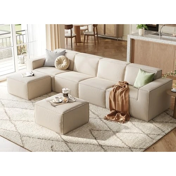 LINSY HOME Modular Sectional Sofa, 134" Boneless Couch U Shaped 4-Seat Sofa with 2 Movable Ottomans, Corduroy Sectional Cloud Couches for Living Room, No Assembly Required, Beige by LINSY HOME - Used - Very Good condition - US$582.90