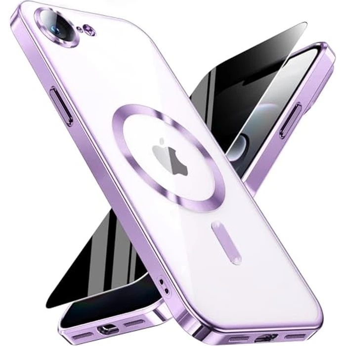 Magnetic for iPhone 17e/16e Case with Privacy Screen Protector & Full Camera Cover,[Non-Yellowing] Plating Glossy Soft Shockproof Clear Phone Case with MagSafe Women Girls for 16 e/17e,Light purple by WEYNRBOX - Used - Acceptable condition - US$7.01