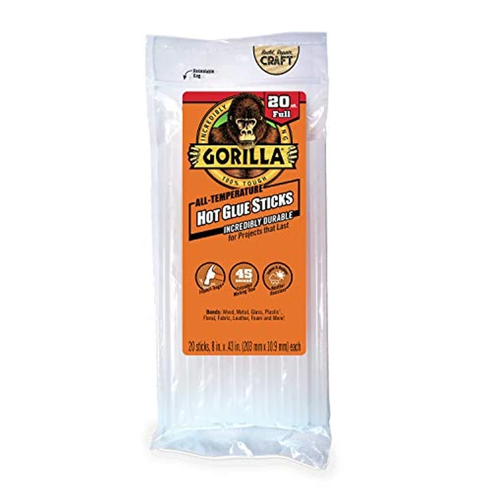 Gorilla Hot Glue Sticks, Clear Glue, Full Size 8" Long x 0.43" Diameter, 20 Count (Pack of 1) - Safe for All Temperatures with Extended Working Time by GORILLA - Image 1
